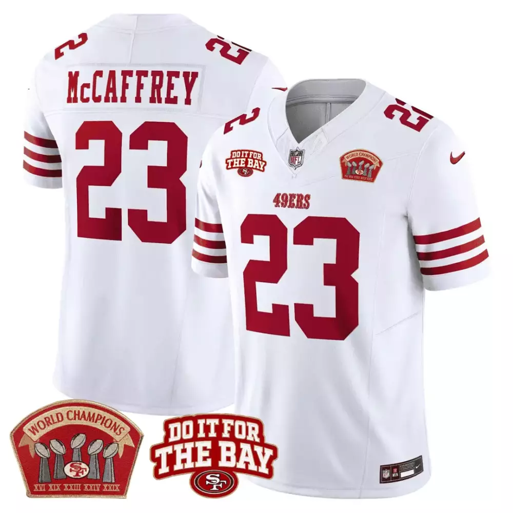 Christian Mccaffrey 23 49ERS Jersey White World Champions Do It Bay Men Authentic