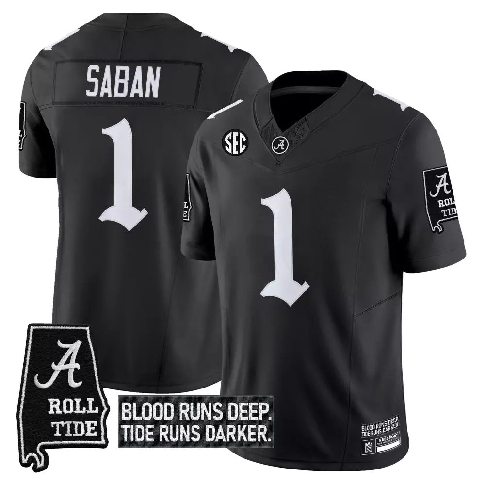 Nick Saban 1 Alabama Crimson Tide Jersey Black Blood Runs Deep, Darker Roll Men White
