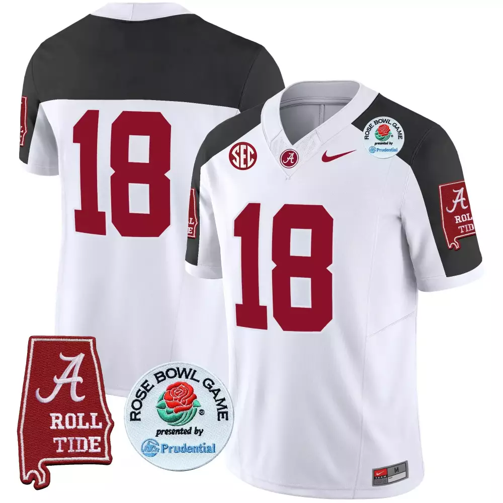Mac Jones 18 Alabama Crimson Tide Jersey White Rose Bowl Game Roll Men Split Design