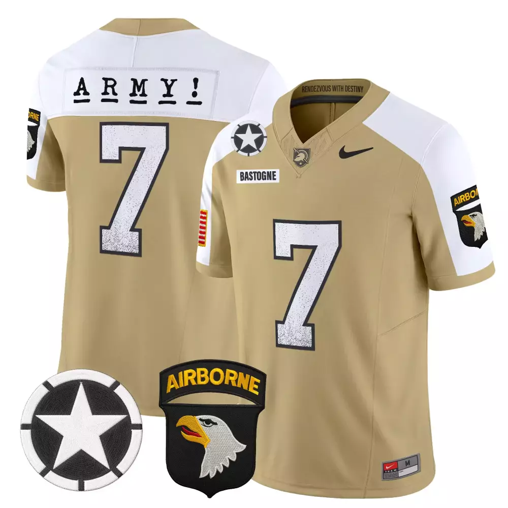 Army Airborne 7 Jersey Tan Salute To Service Black Knights Bastogne Men White Stitched