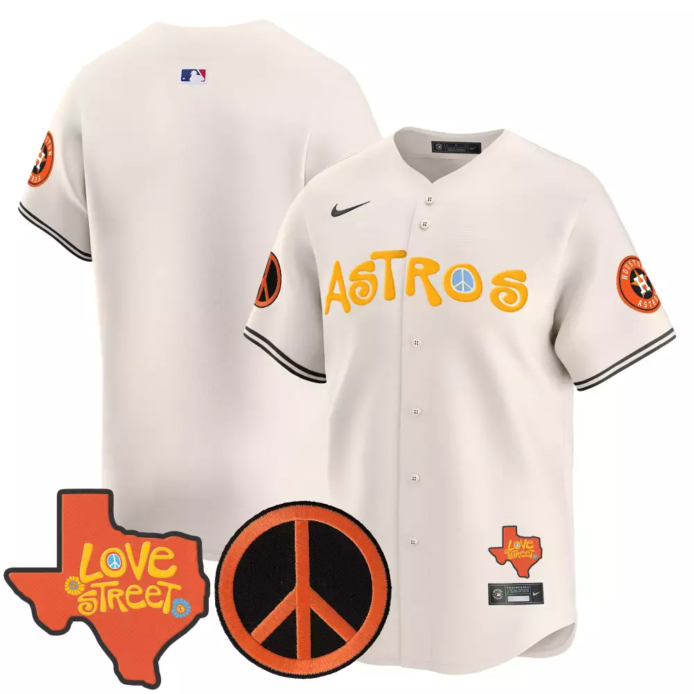 Love Street 27 Astros Jersey White Texas Peace Sign 2024 Men Button-up Orange Yellow