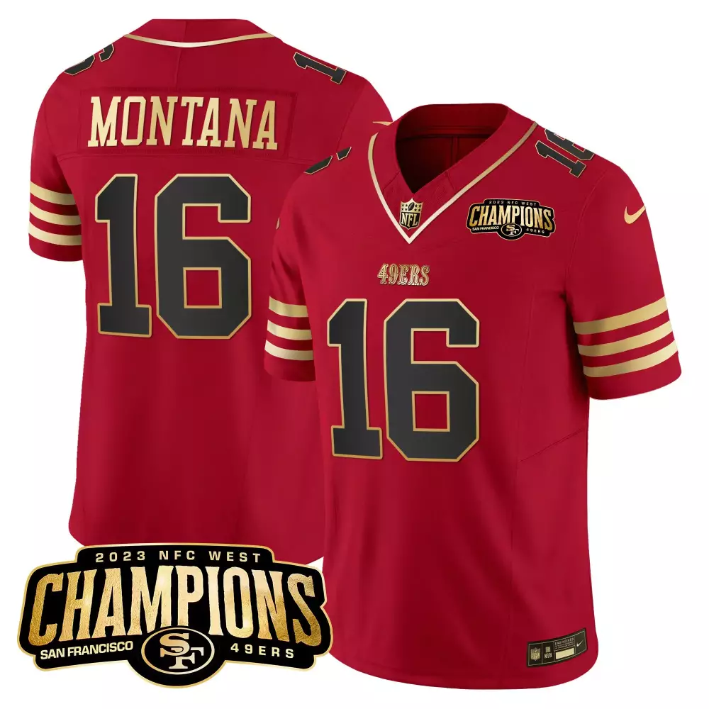 Joe Montana 16 Jersey Red 2023 NFC West Champions San Francisco 49ers Men Gold Black