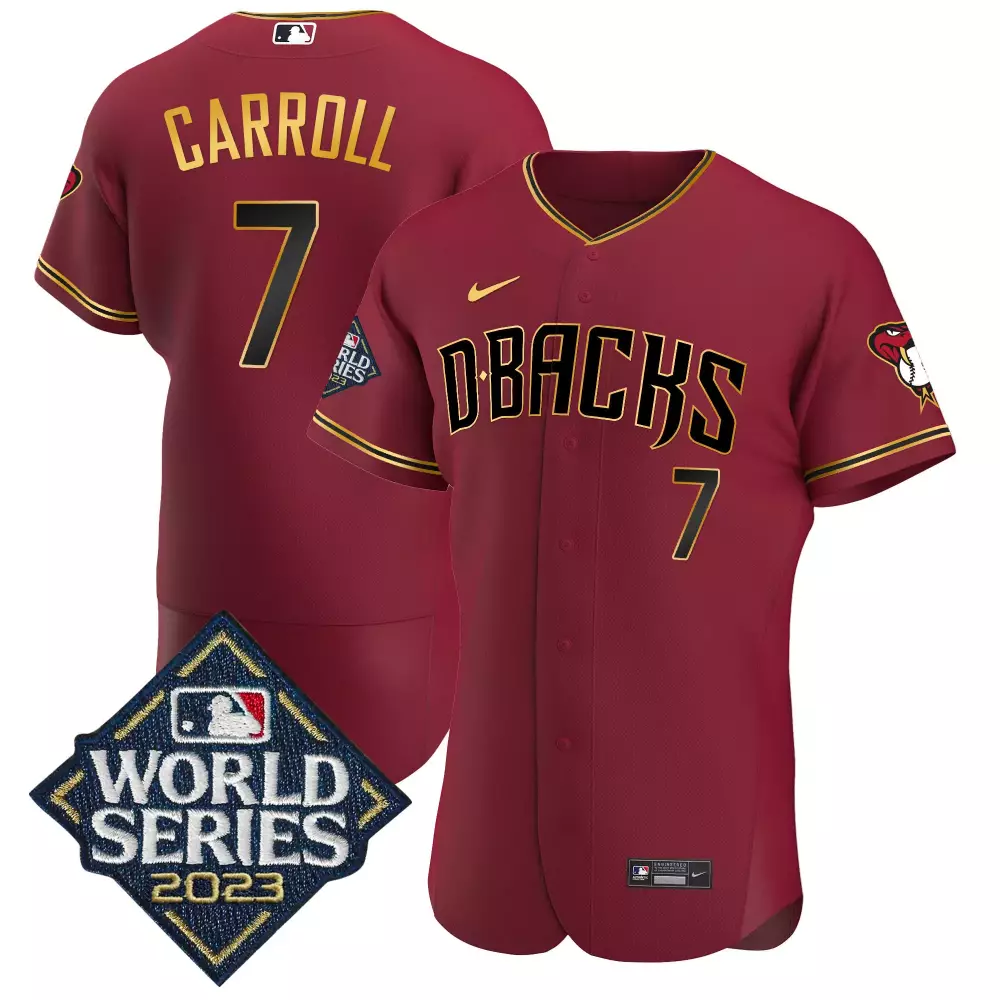 Corbin Carroll 7 D-backs Jersey Maroon World Series 2023 Men Gold Flex Base All Stitched