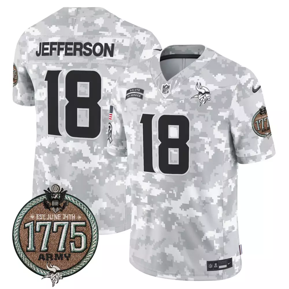 Justin Jefferson 18 Vikings Jersey Grey Salute To Service 1775 Army Men Custom Design