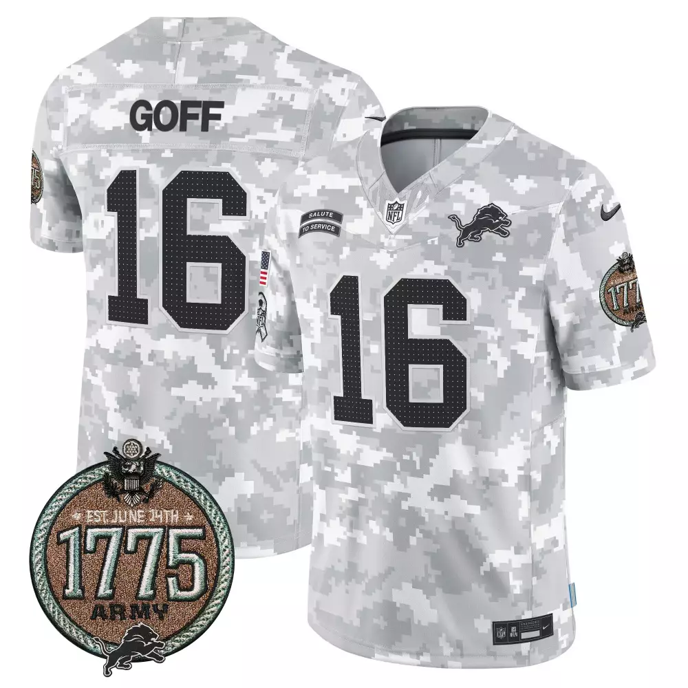 Jared Goff 16 Lions Jersey White Salute To Service 1775 Army 2022 Men Digital Camouflage