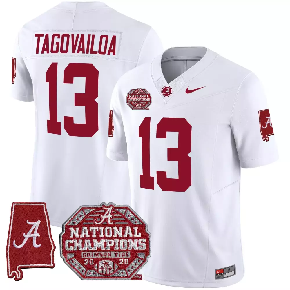 Tua Tagovailoa 13 Jersey White National Champions 2020 Alabama Crimson Tide State Outline
