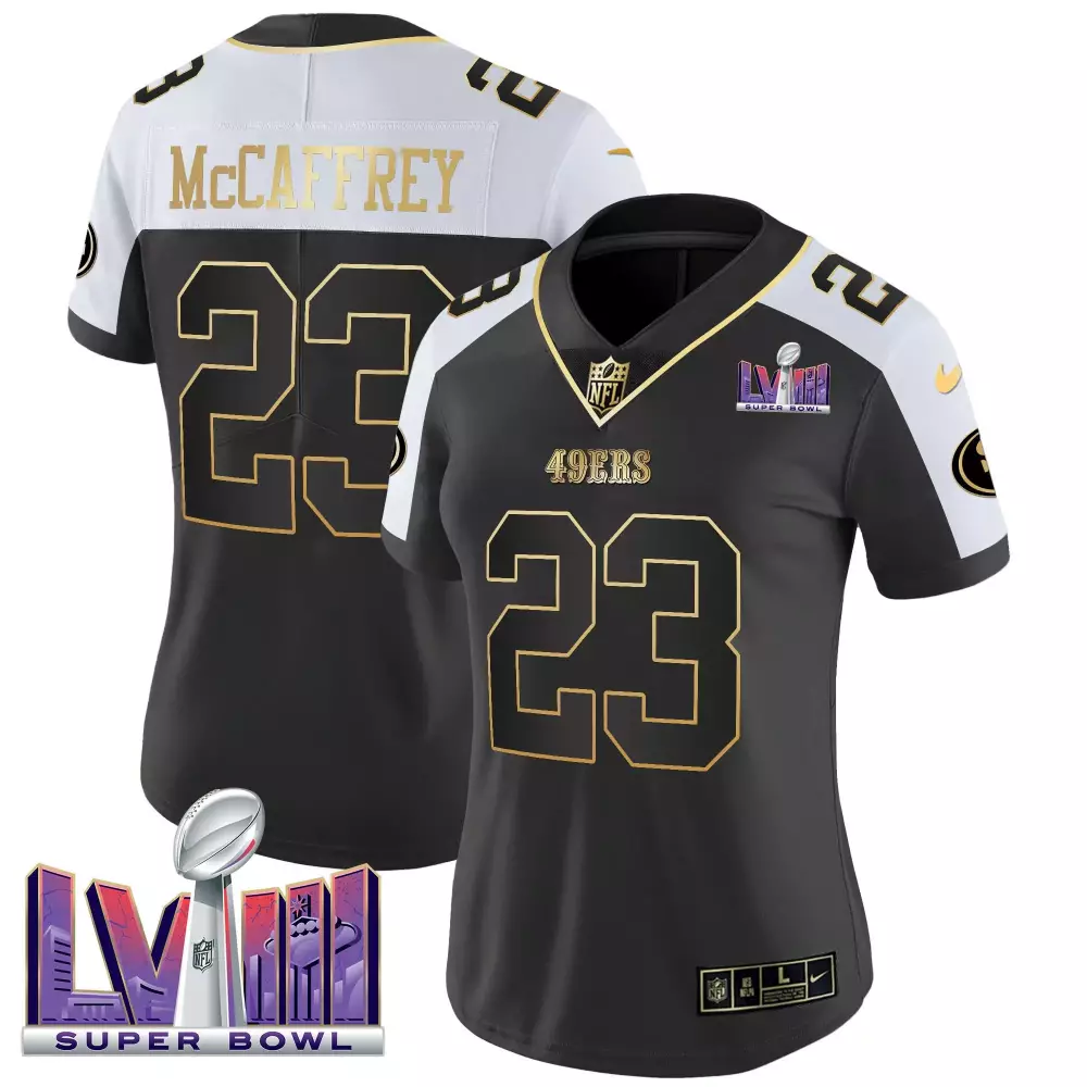 Christian Mccaffrey 23 49ERS Jersey Black Super Bowl Lviii Women Game Split Design
