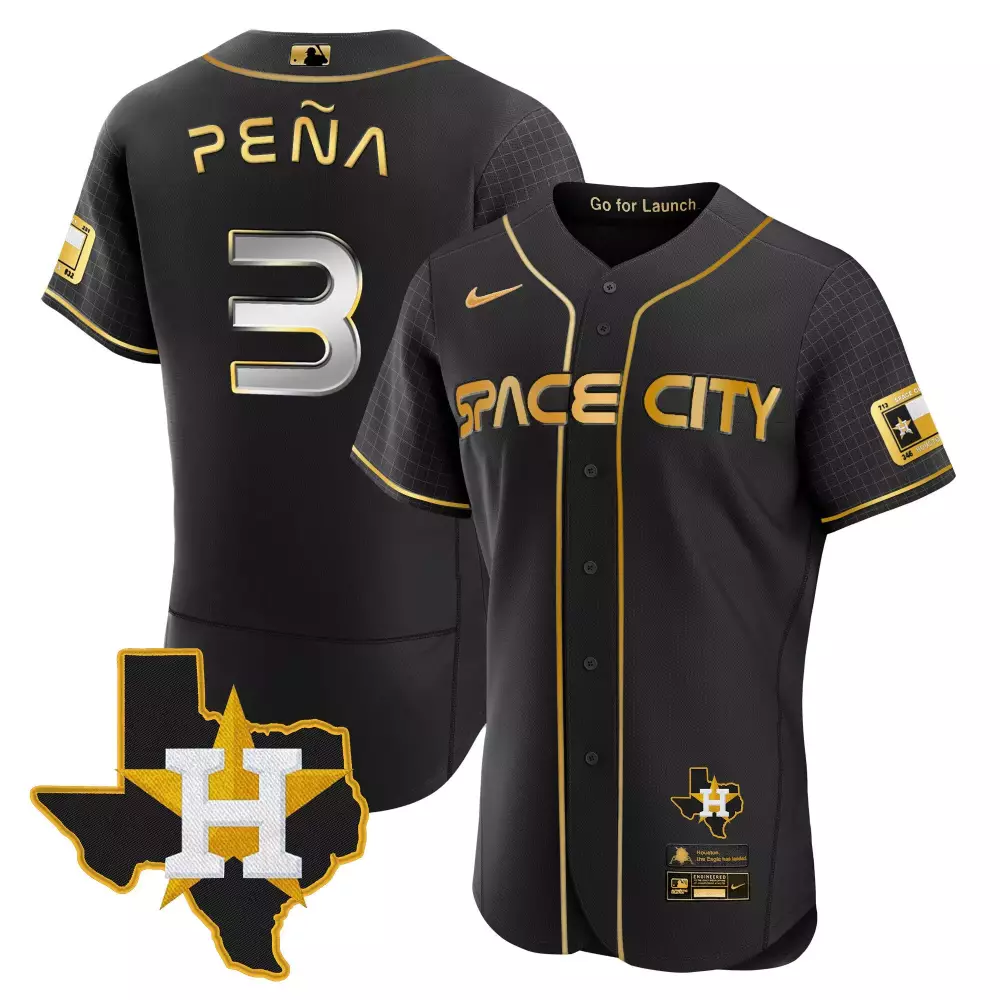 Jeremy Pena 3 Houston Astros Jersey Black Space City Texas Men Gold Flex Base All