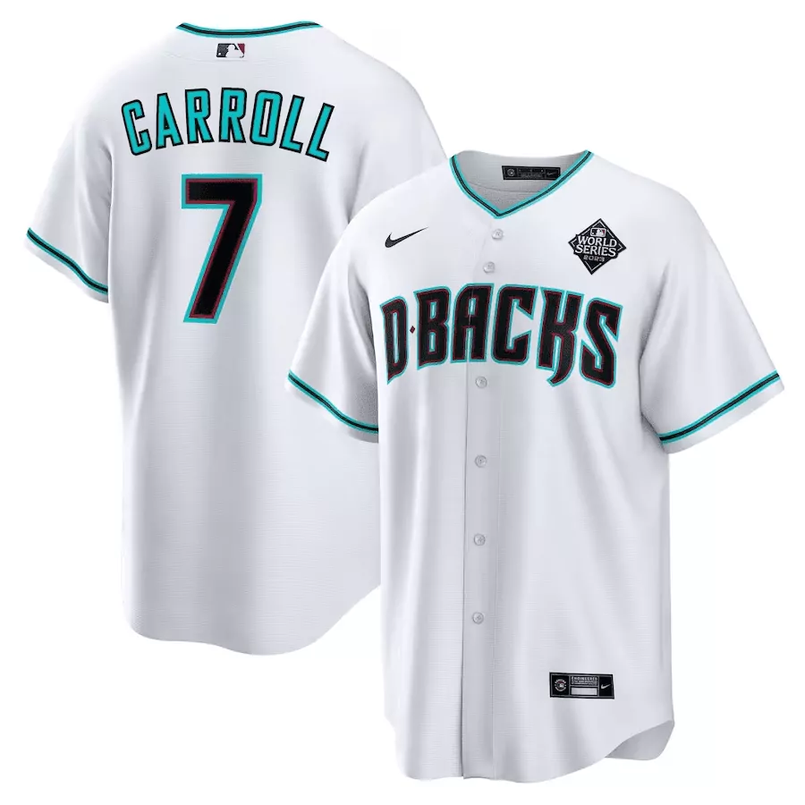 Corbin Carroll 7 D-backs Jersey White 2023 World Series Men Black Teal Cool Base