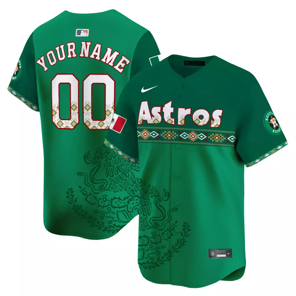 Custom Astros Jersey Green Cinco De Mayo Mexico Flag Men Design White Red Gold Black