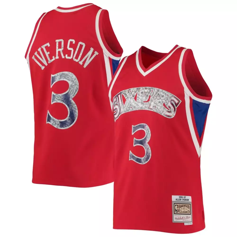 Allen Iverson 3 Sixers Jersey Red Mitchell & Ness Hardwood Classics Men Blue White