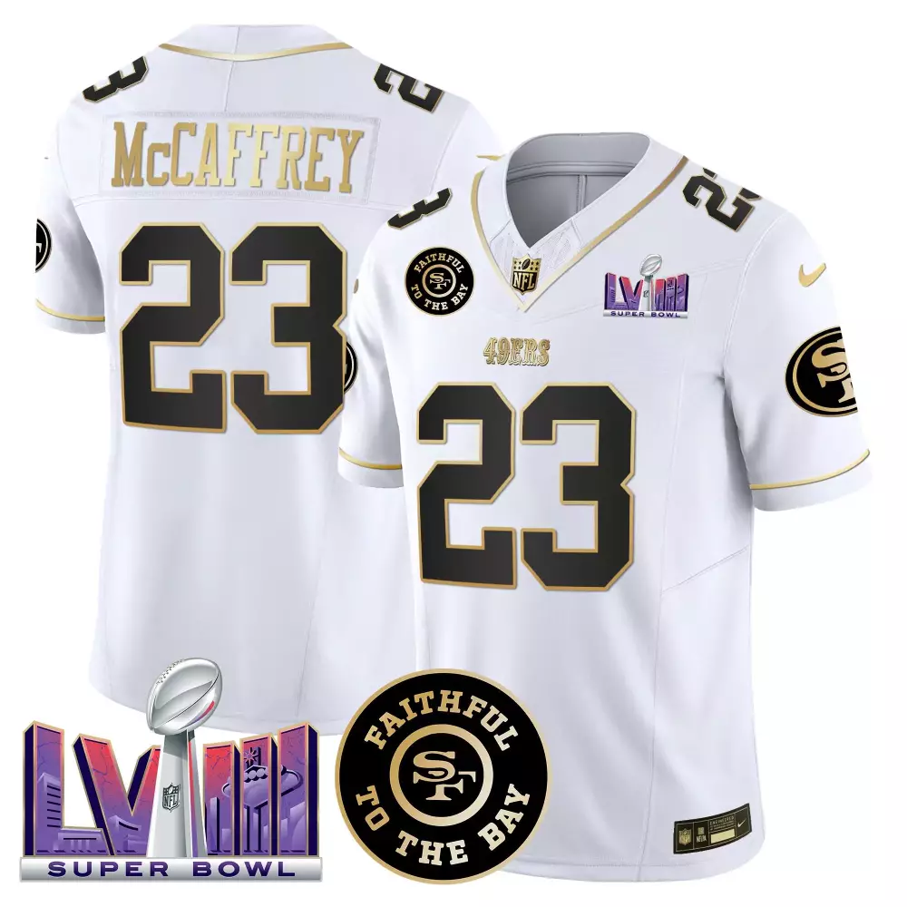 Christian Mccaffrey 23 49ERS Jersey White Super Bowl Lviii Men Black Gold Vapor v2
