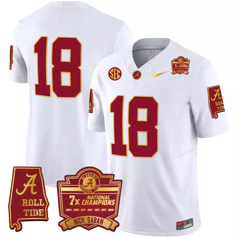 Champs Nick 18 Jersey White 7x National Champions Alabama Crimson Tide Roll Men Gold