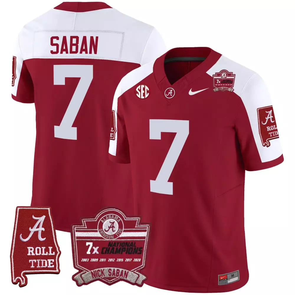 Nick Saban 7 Alabama Crimson Tide Jersey 7x National Champions Men White Alternate
