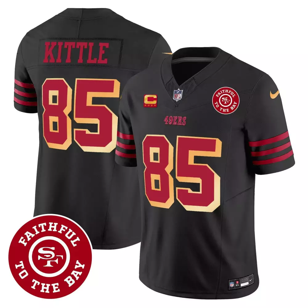 George Kittle 85 49ERS Jersey Black Faithful To The Bay Men Replica Red Gold All