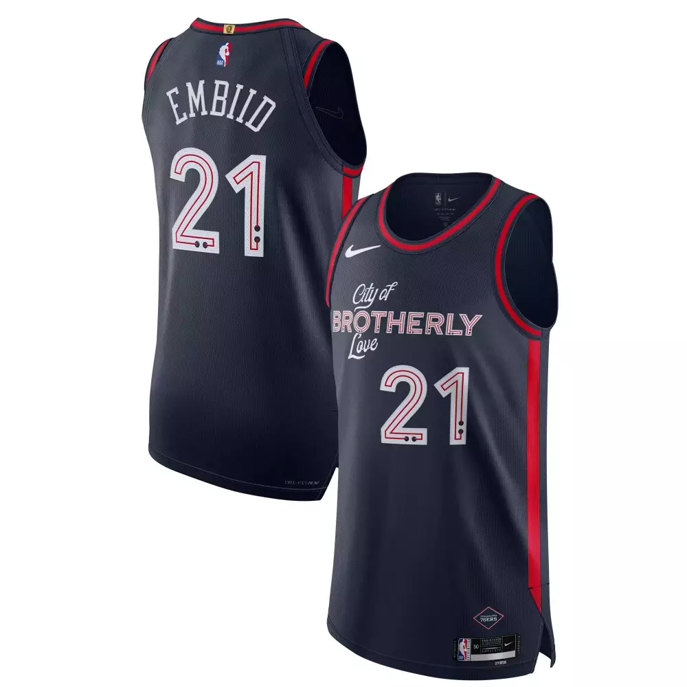 Joel Embiid 21 Philadelphia 76ers Jersey Navy Blue City Of Brotherly Love Jock Tag