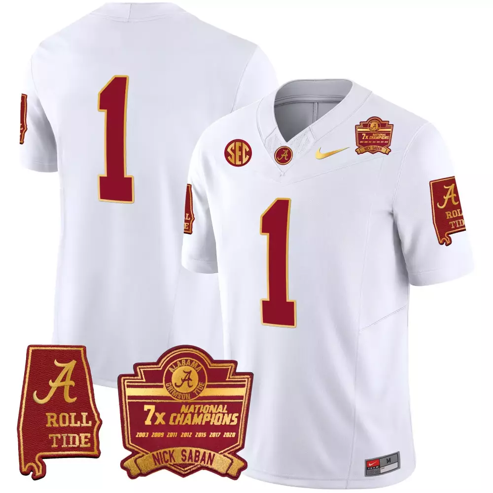 Nick Saban 1 Alabama Crimson Tide Jersey White 7x National Champions Roll Men Gold