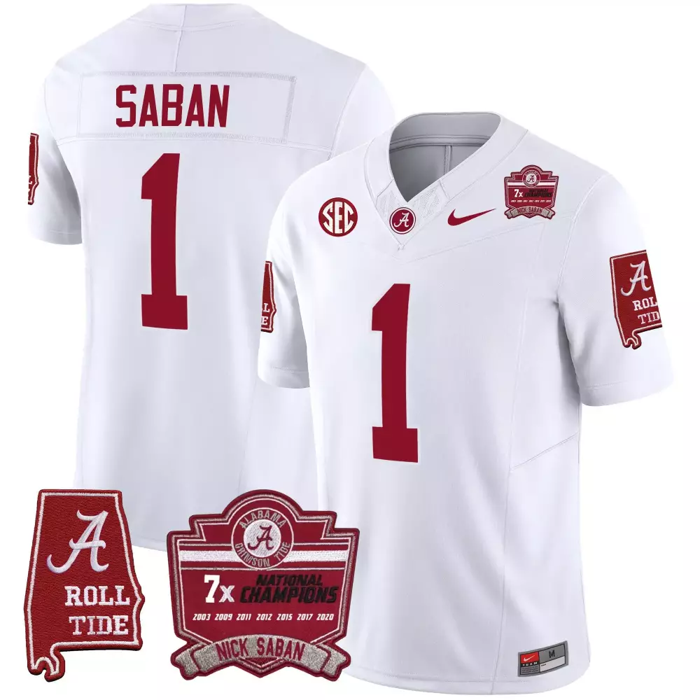 Nick Saban 1 Alabama Crimson Tide Jersey White 7x National Champions Roll Men Vapor
