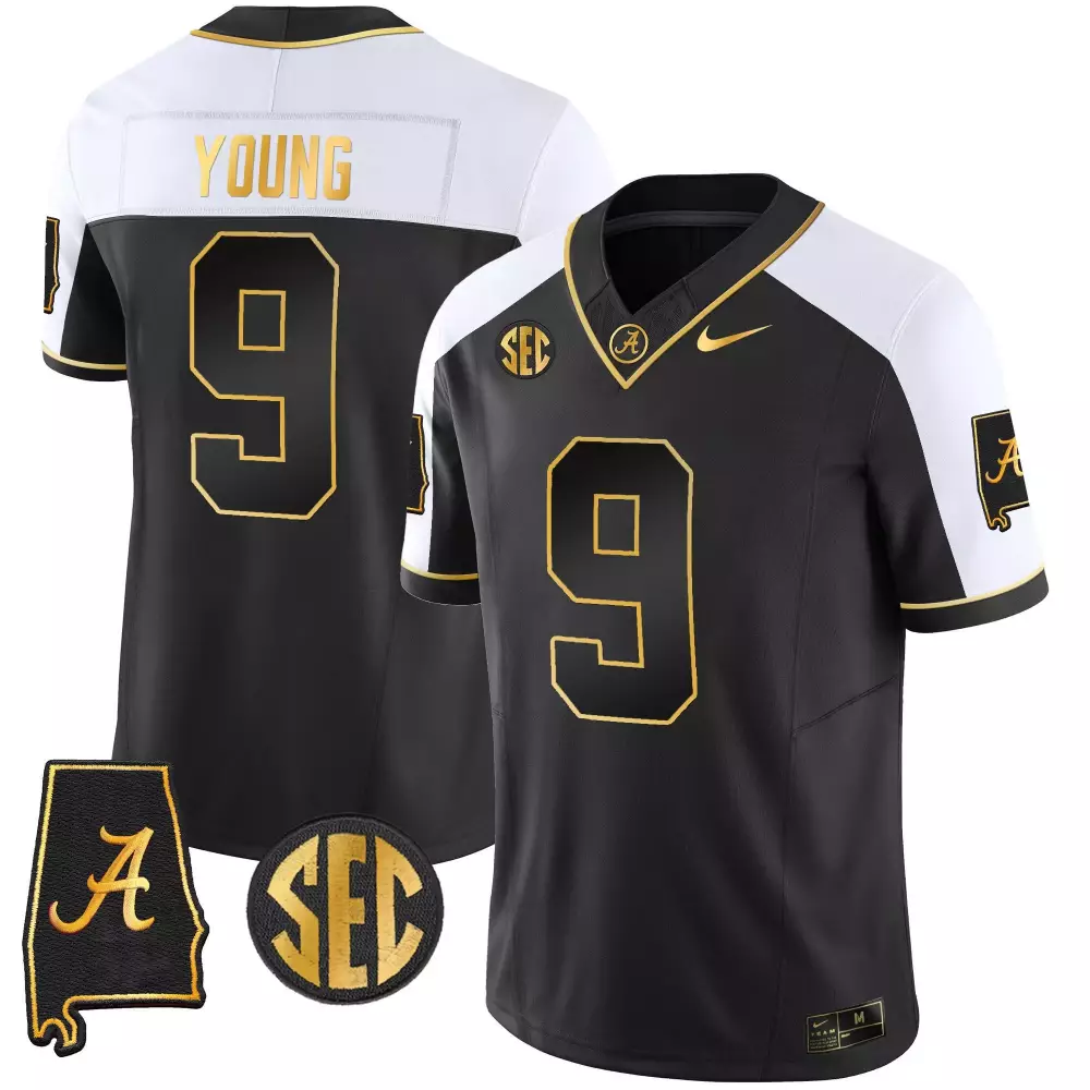 Bryce Young 9 Jersey Black Alabama Crimson Tide State Shape Men White Gold Alternate