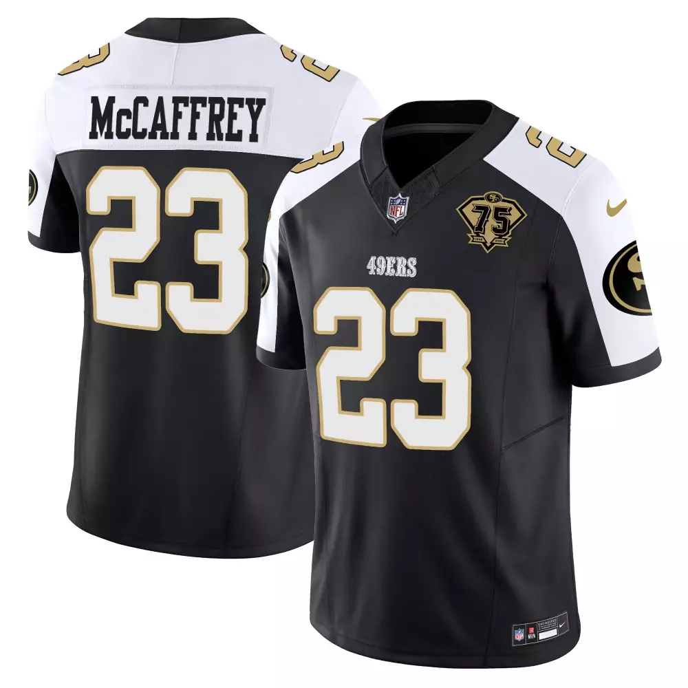 Christian Mccaffrey 23 49ERS Jersey Black 75th Anniversary Men Player White Gold