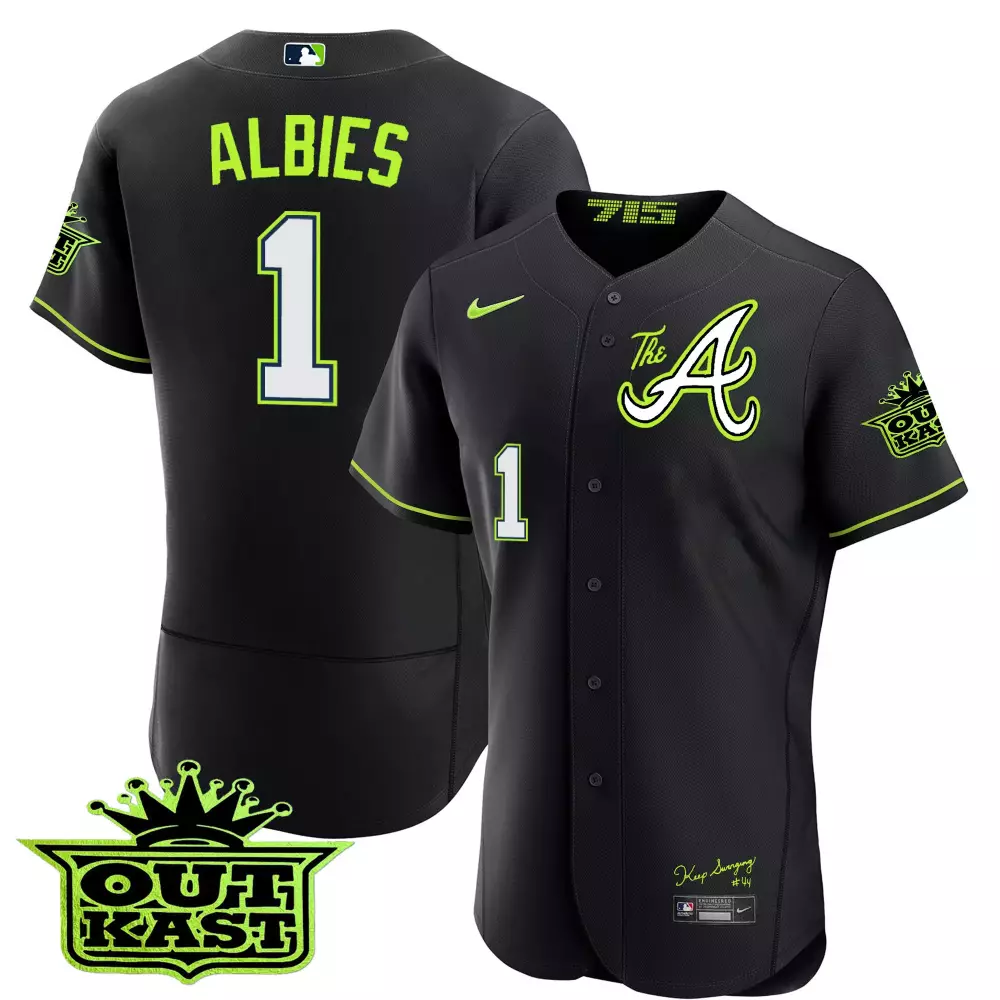 Albies Outkast 1 Atlanta Braves Jersey Black City Connect 2021 Men Alternate Neon Green