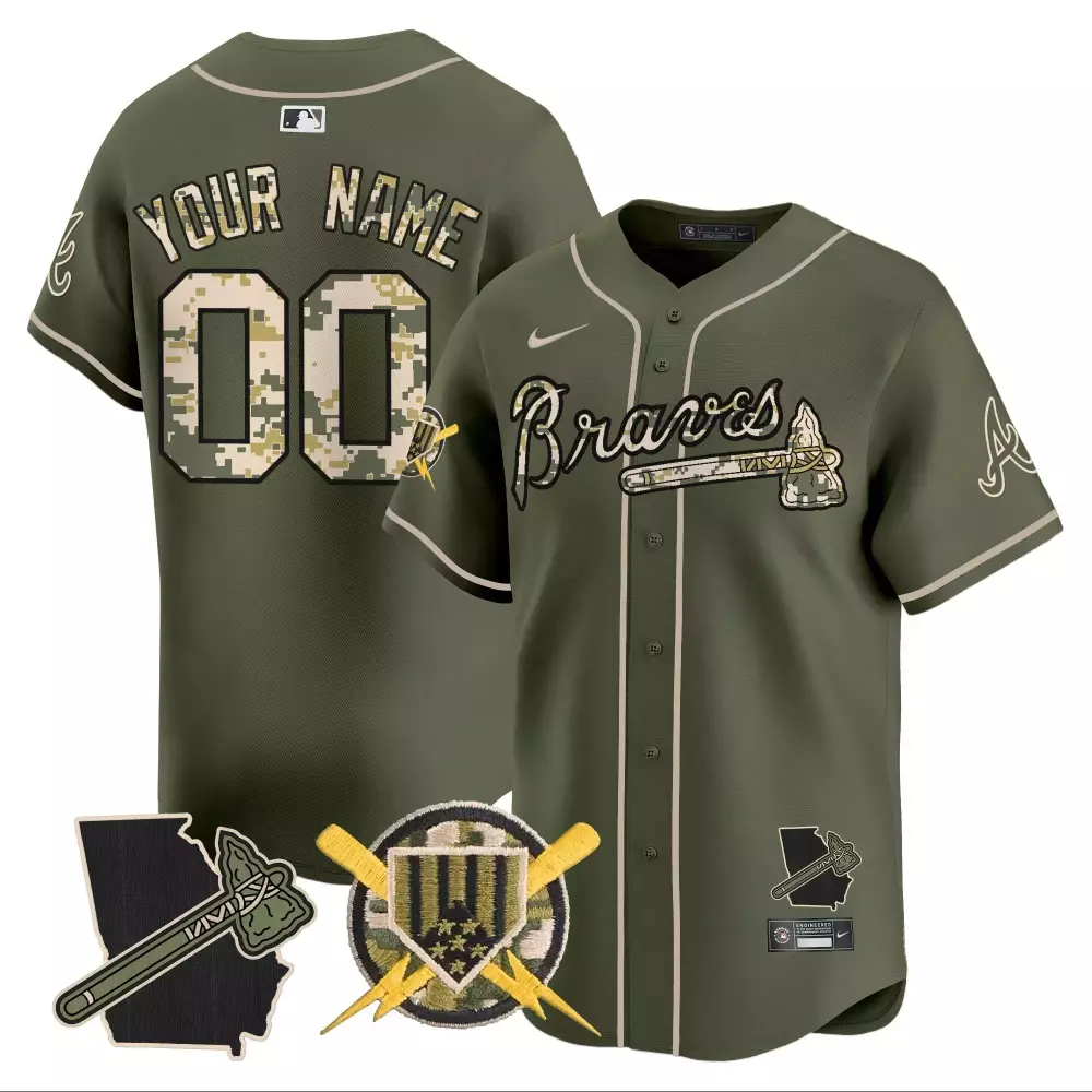 Custom Atlanta Braves Jersey Olive Green Military Appreciation Georgia State Outline Tomahawk