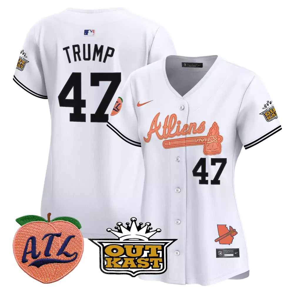 Donald Trump 47 Atlanta Braves Jersey White City Connect Peach Outkast 2023 Women