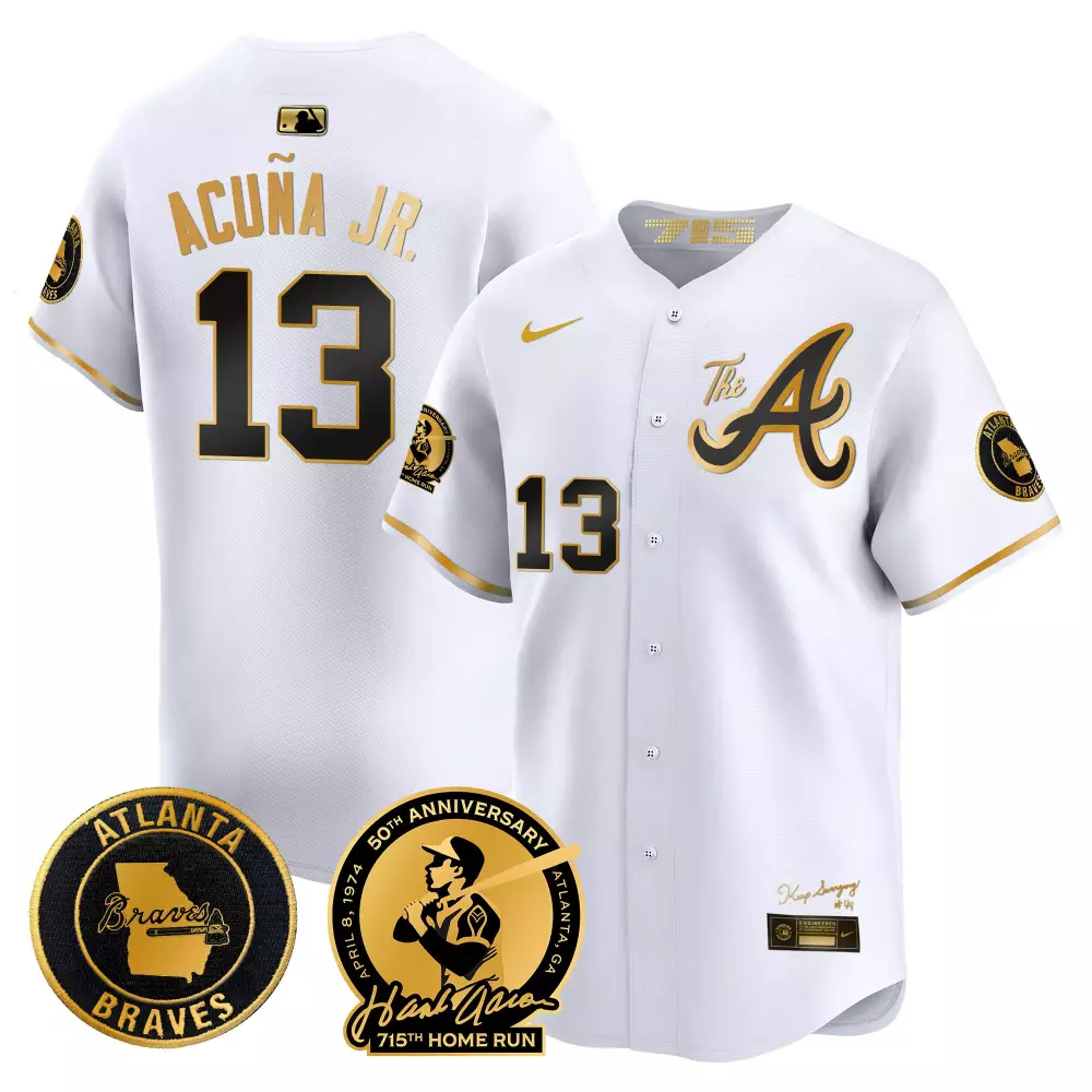 Ronald Acuna Jr. 13 Jersey White 50th Anniversary Atlanta Braves 2024 Men Gold Black