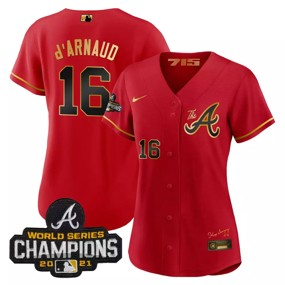 D Arnaud 16 Atlanta Braves Jersey Red World Series Champions 2021 Men Gold Black