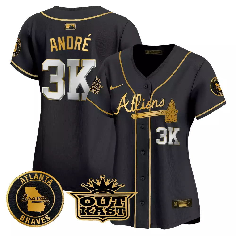 Andre Atliens 3 Atlanta Braves Jersey Black Outkast 2024 Men Gold Vapor Premier Limited