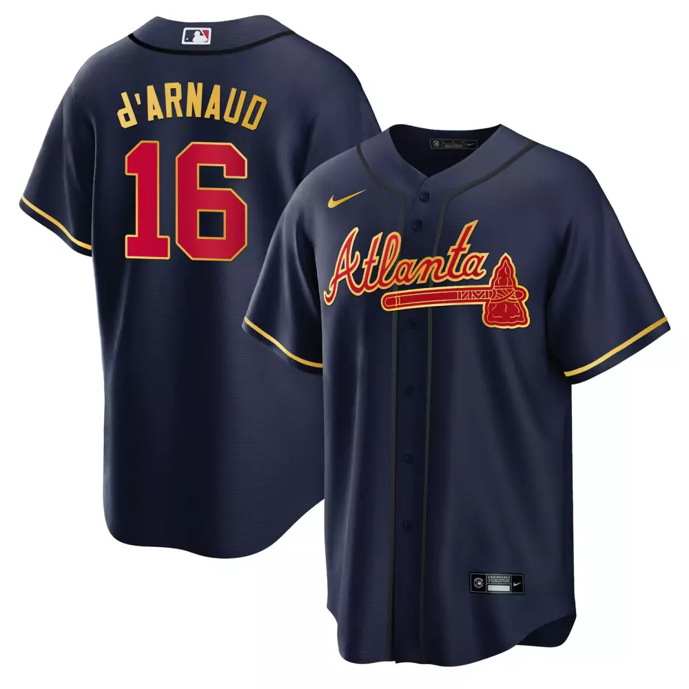 D Arnaud 16 Atlanta Braves Jersey Navy Men Red Gold All Stitched Vapor