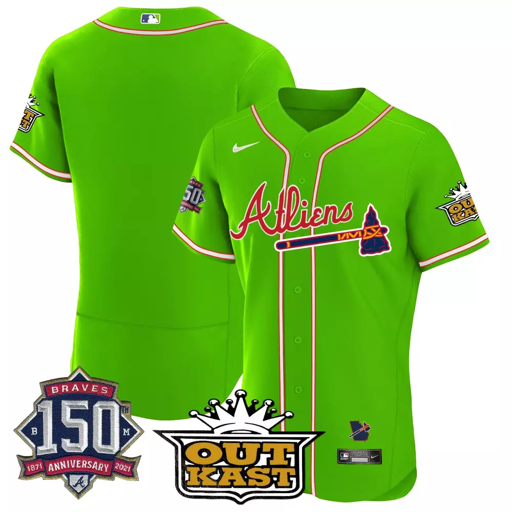 Bright Atliens Atlanta Braves Jersey Lime Green Outkast Collaboration 150th Anniversary 1871-2021 1996 World Series 2021