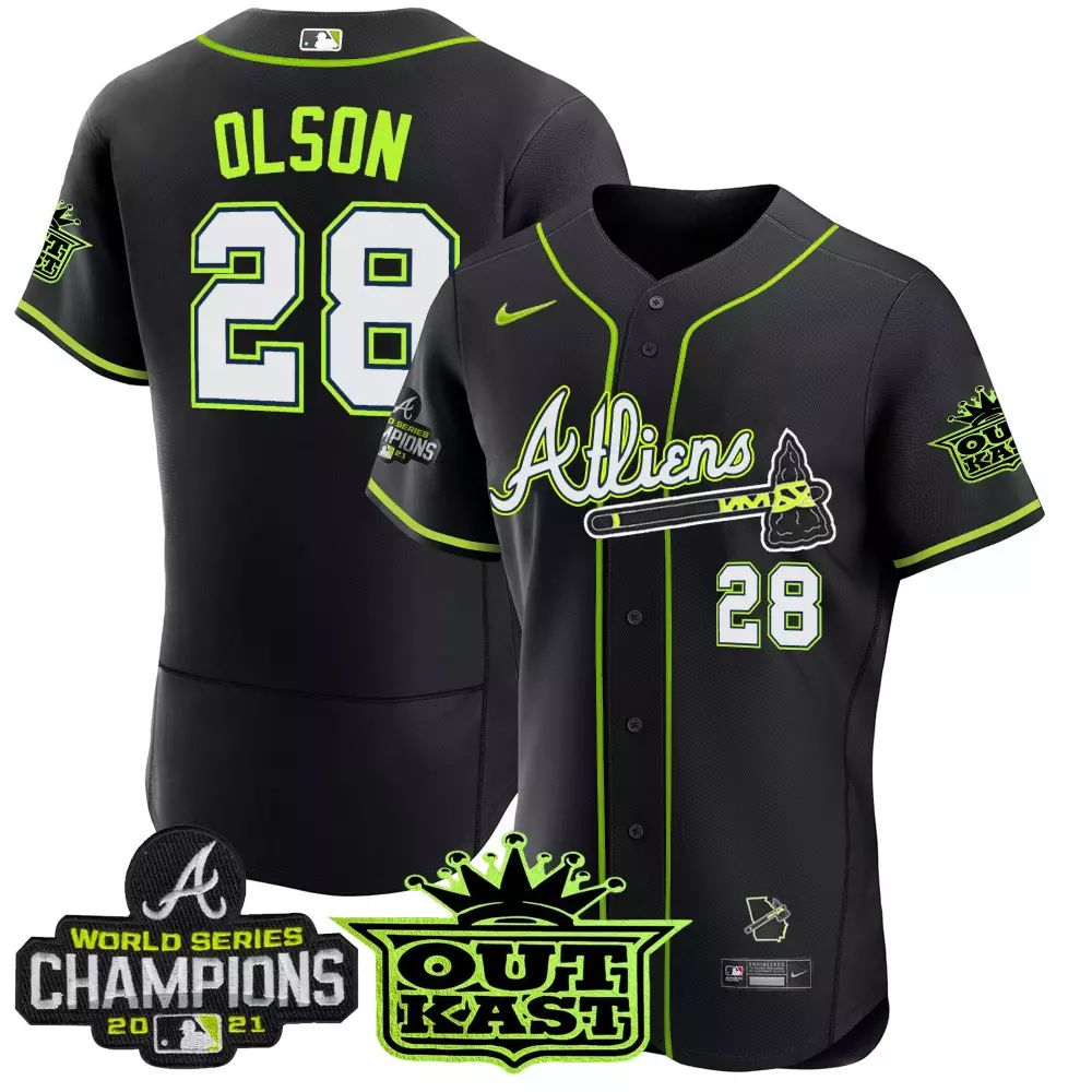 Olson Outkast 28 Atlanta Braves Jersey Black World Series Champions 2021 Men Alternate