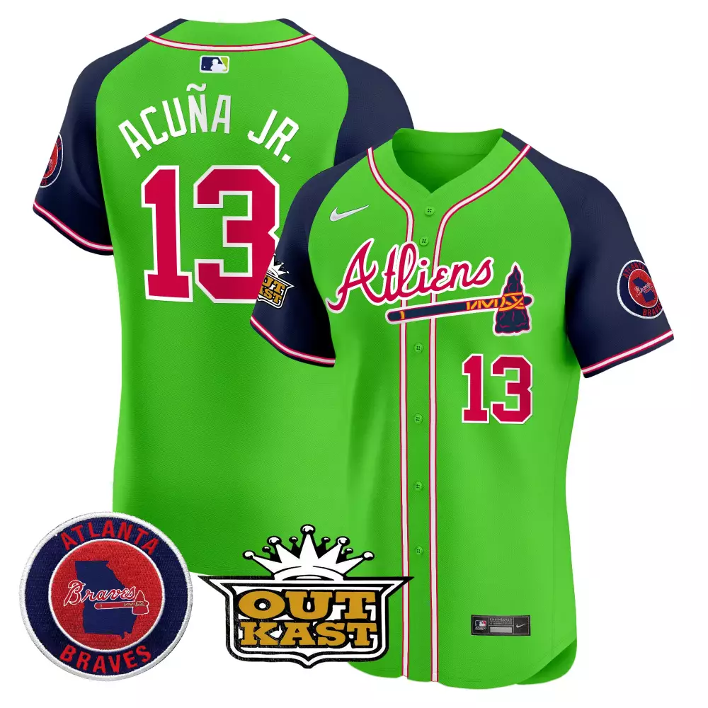 Ronald Acuna Jr. 13 Jersey Lime Green Atlanta Braves Outkast Men Alternate Split Design