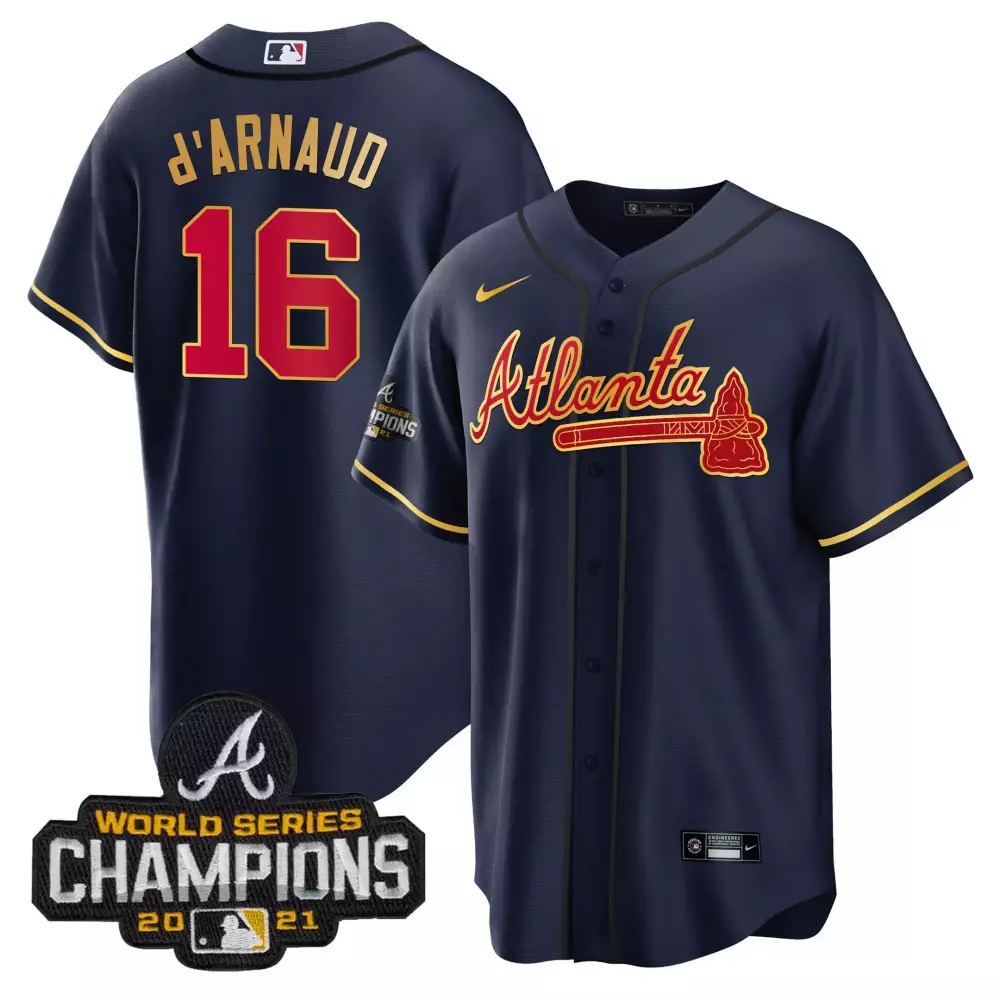 D'arnaud 16 Atlanta Braves Jersey Navy World Series Champions 2021 Men Red Gold All