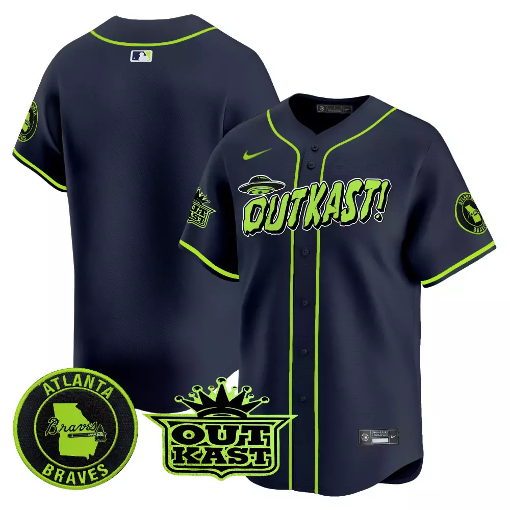 Outkast Atlanta Braves Jersey Navy 2024 Men Neon Green Vapor Premier Limited v3 All