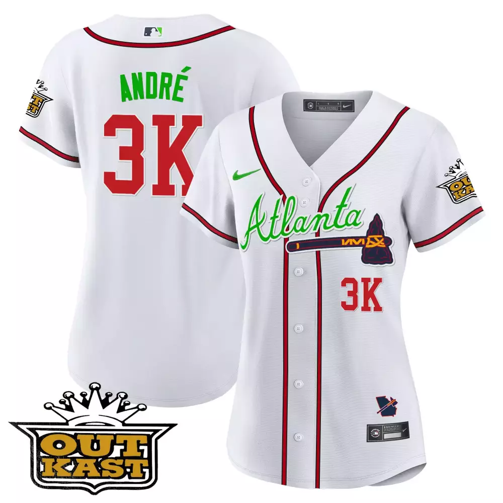 Andre Outkast 3 Atlanta Braves Jersey White 50th Anniversary Women Split Design Red
