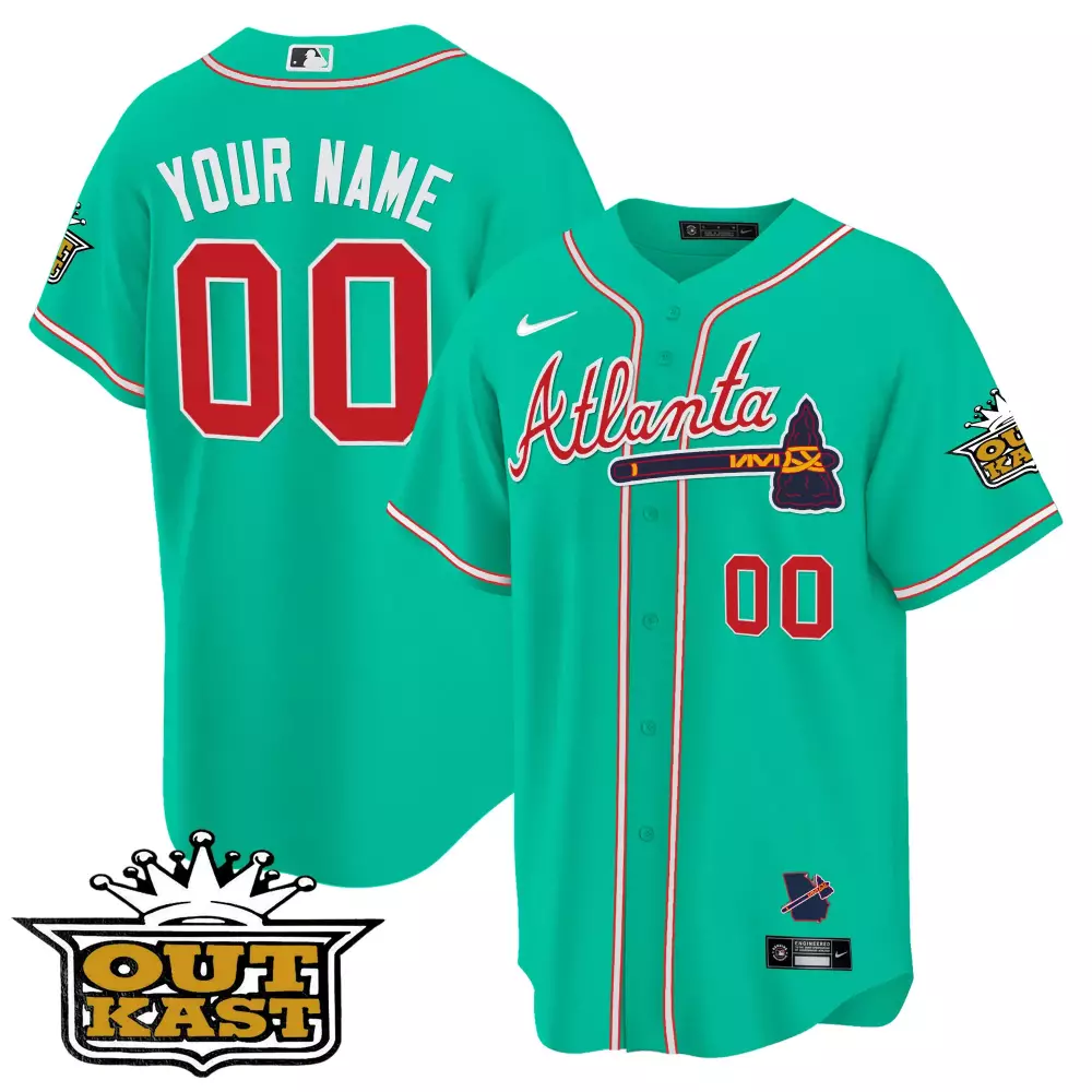 Custom Atlanta Braves Jersey Teal Outkast Men White Red Cool Base All Stitched Vapor