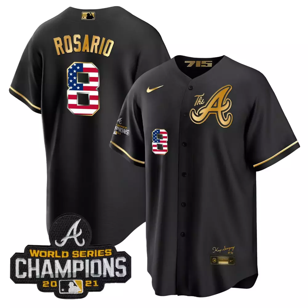 Eddie Rosario 8 Atlanta Braves Jersey Black 2021 World Series Champions American Flag Number
