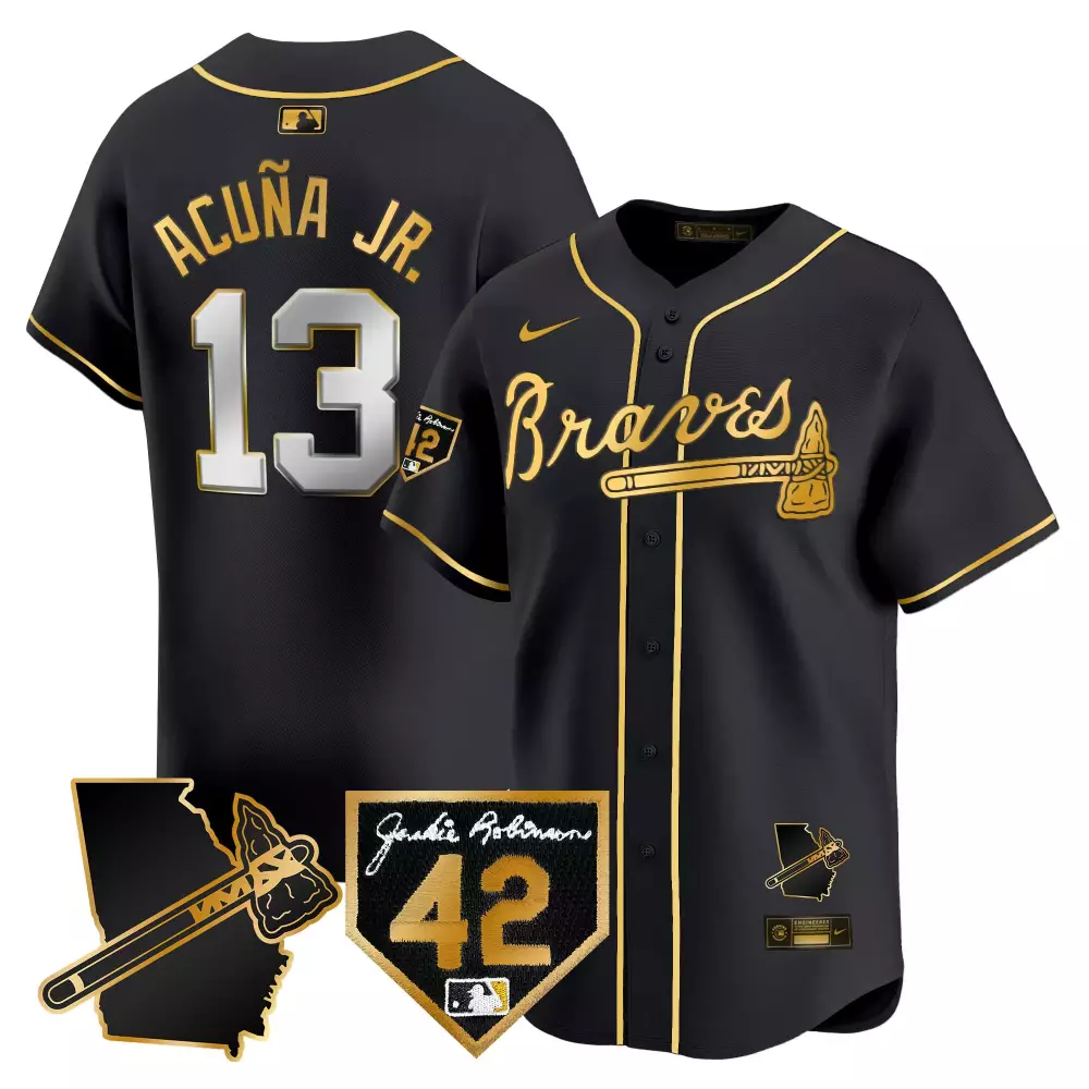 Acuña Jr. 13 Braves Jersey Black Jackie Robinson Day 42 Georgia Outline Tomahawk 2023