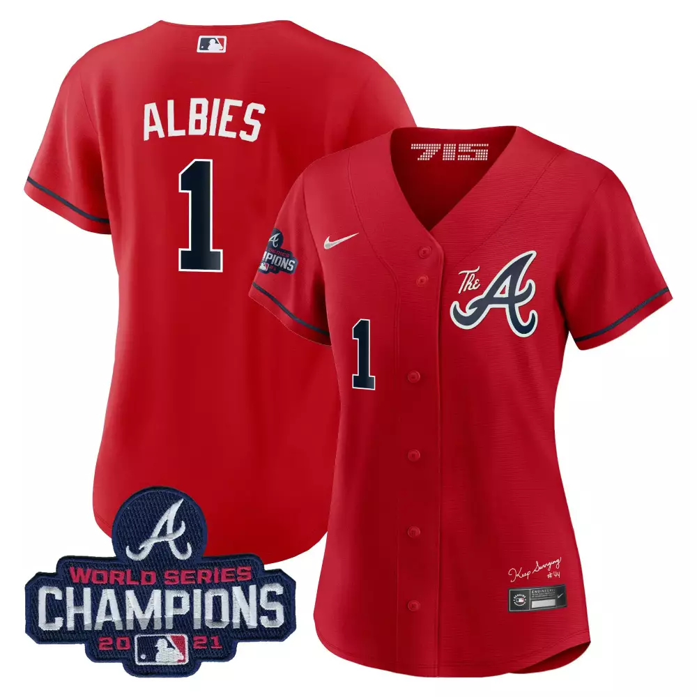 Albies 1 Atlanta Braves Jersey Red 2021 World Series Champions Men Navy Blue White
