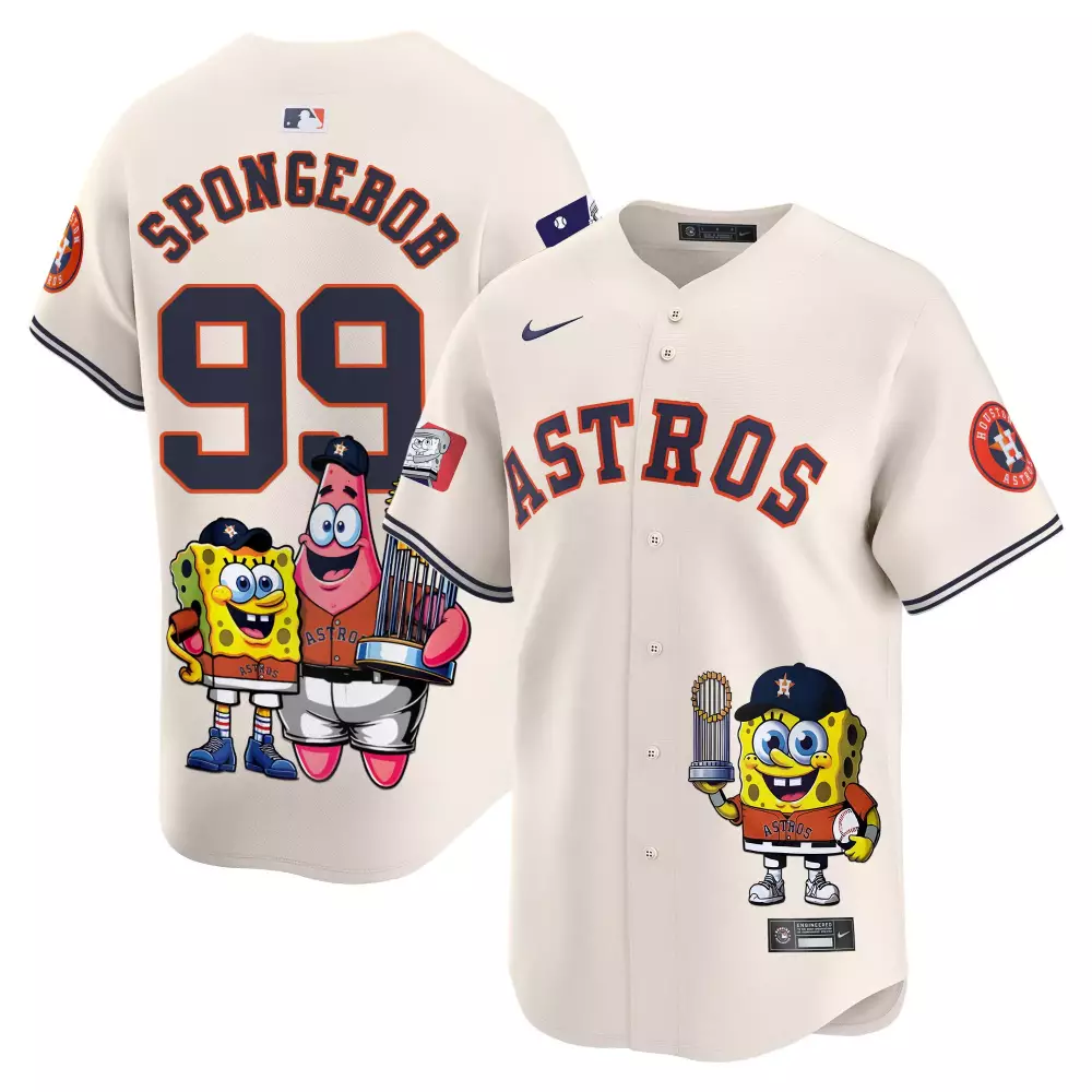Spongebob 99 Astros Jersey Cream Houston World Series Trophy Men Navy Blue Orange
