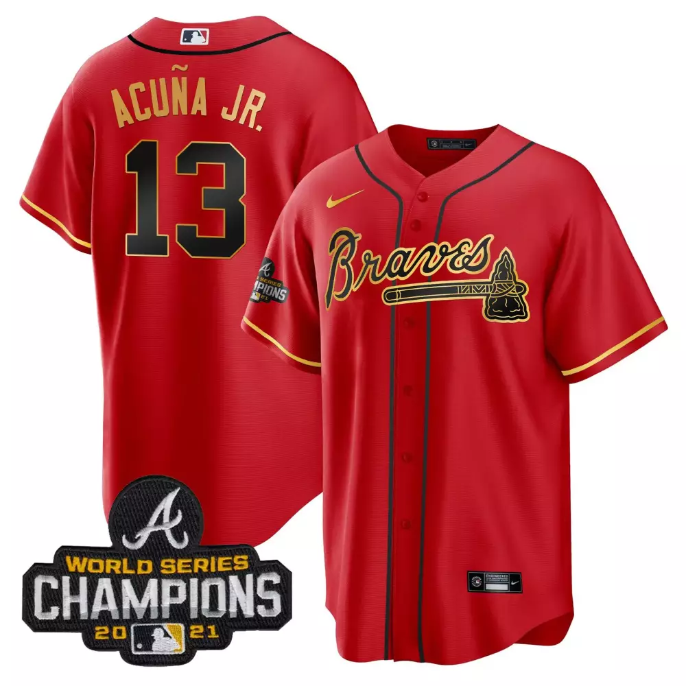 Acua Jr. 13 Braves Jersey Red World Series Champions 2021 Men Gold Black All Stitched