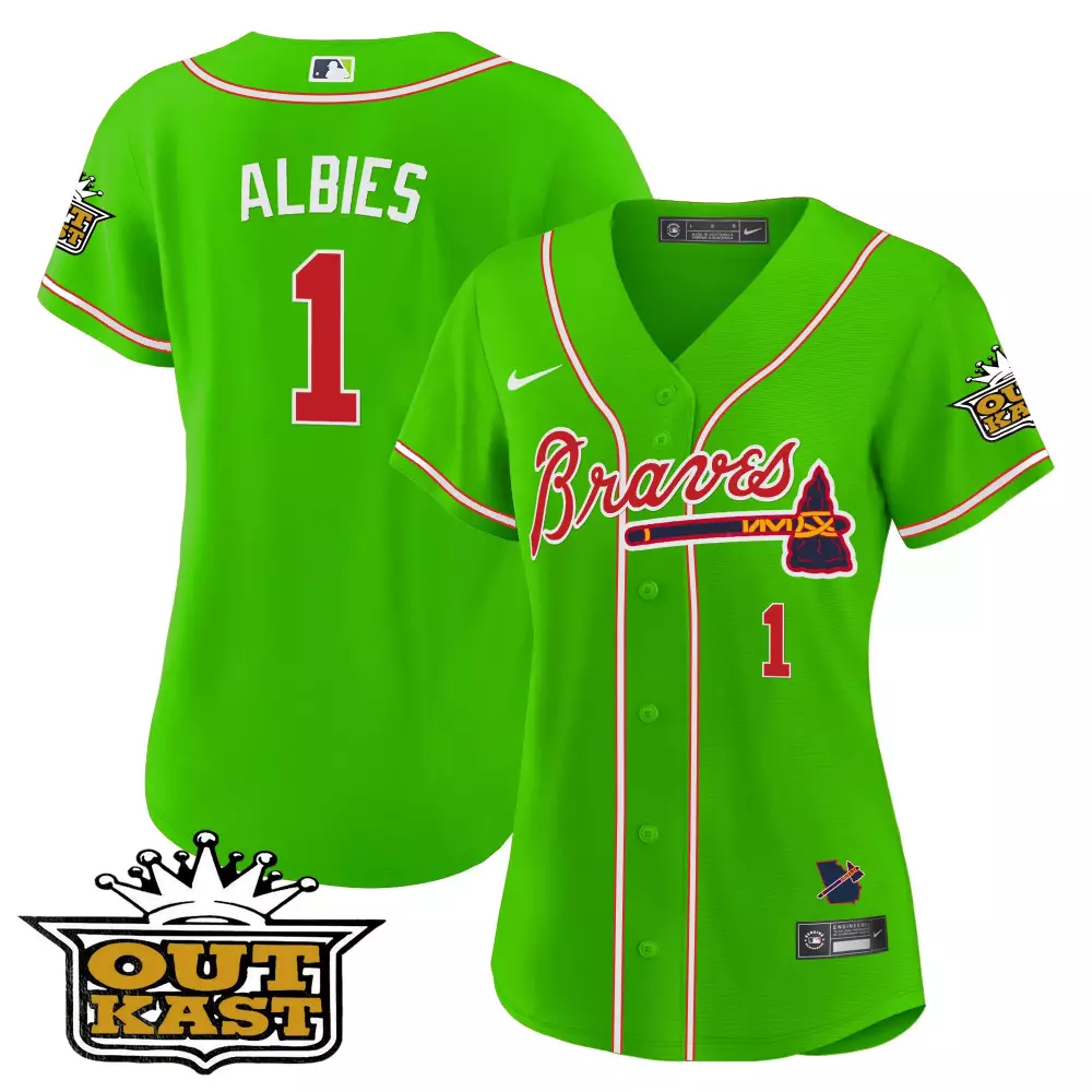 Albies Bright 1 Braves Jersey Green Outkast Men Alternate White Red Stitched