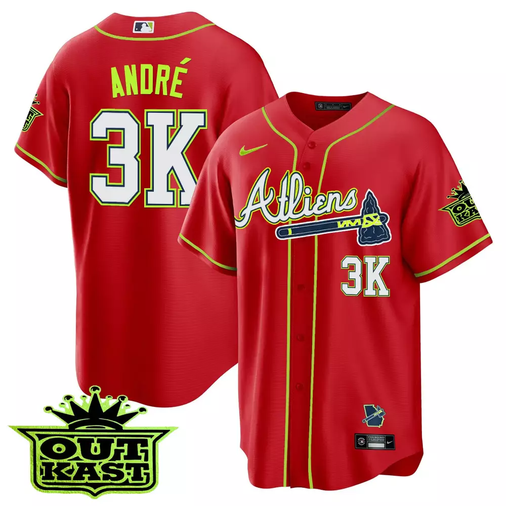 Andr Outkast 3 Atlanta Braves Jersey Red Men Yellow White Blue All Stitched Vapor
