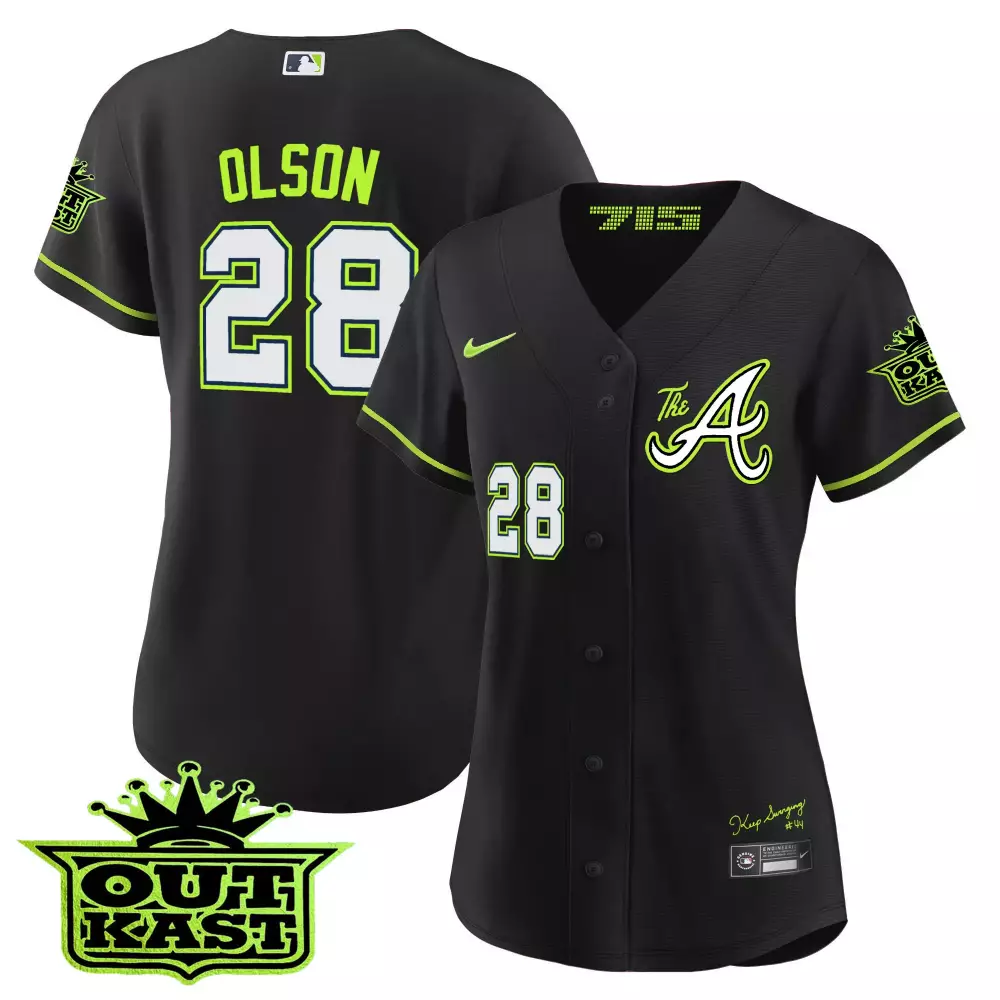 Olson Outkast 28 Atlanta Braves Jersey Black 2024 Neon Green White All Stitched Vapor