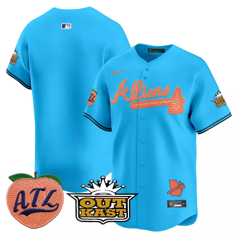 Outkast Atlanta Braves Jersey Light Blue Collaboration Peach Atl Georgia State Outline Tomahawk 2024