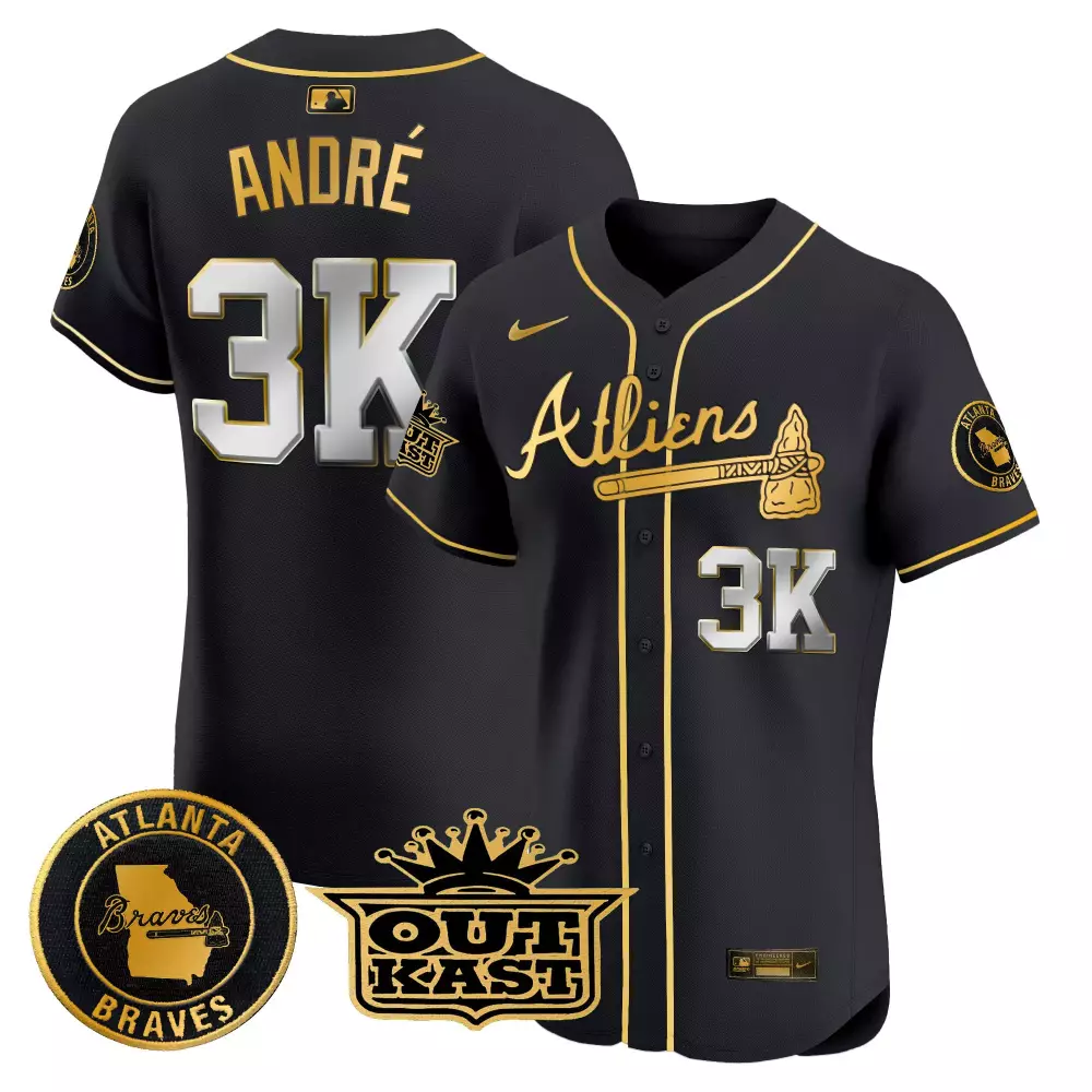 Andre Atliens 3 Atlanta Braves Jersey Black Outkast 3K 2023 Men Gold White Vapor