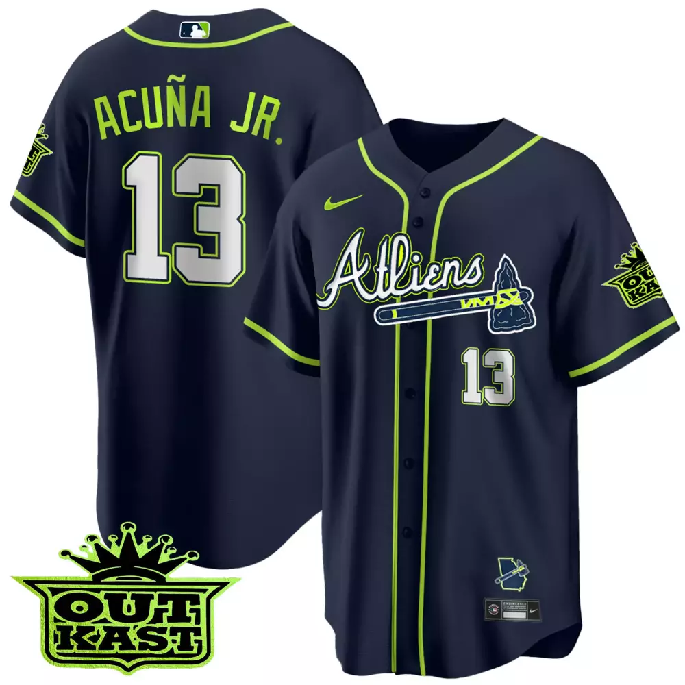 Acua Jr. 13 Atlanta Braves Jersey Navy Outkast Map Men Neon Green All Stitched Vapor