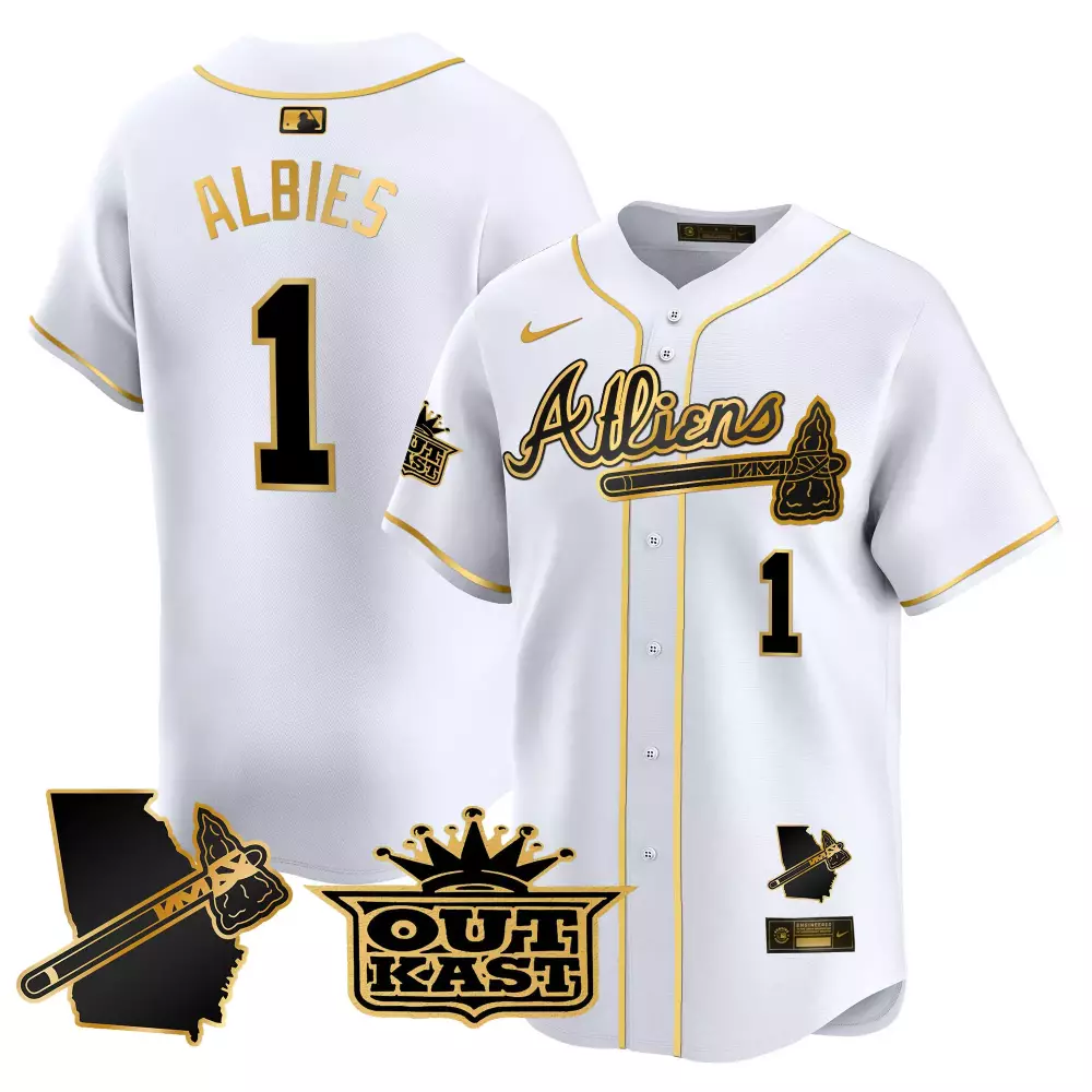 Albies Outkast 1 Braves Jersey White Georgia Outline Tomahawk 2023 Men Gold Vapor